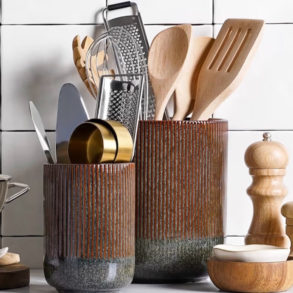 LE TAUCI Ceramic Utensil Holder Set 2 Glaze Marble Brown/Dark Olive Kitchen